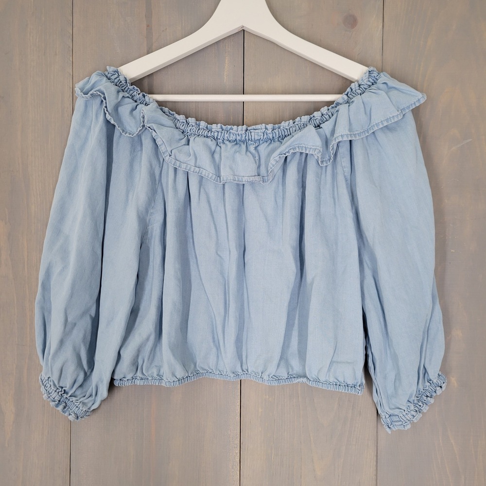 Love Tree Off The Shoulder Crop Top Womens Large Blue Tencel Ruffle Boho Cottage - Picture 2 of 11